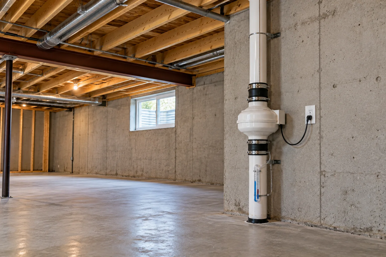 Illustrative residential basement with normal-height joists, radon fan, one power connection and a manometer below the fan