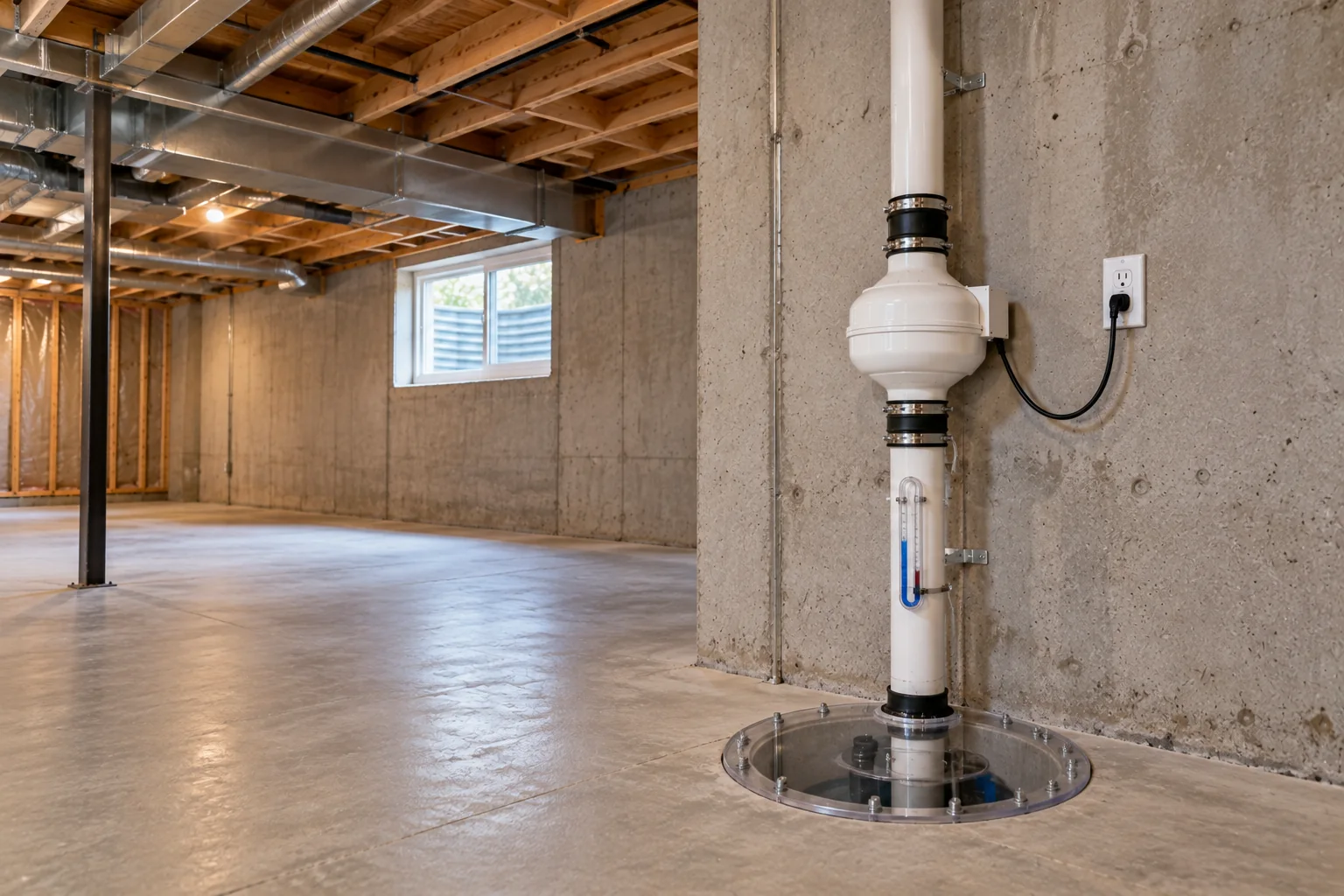 Illustrative photo of a clear sealed sump inspection lid with active radon suction piping